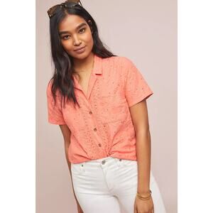 Maeve Anthropologie Pink Eyelet Guayabera Top (Size 8)